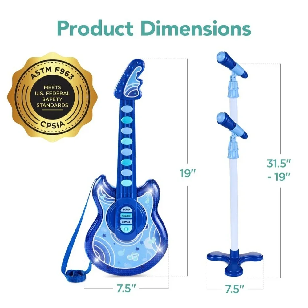 19-Inch Kids Electric Toy Guitar with Microphone and Stand Blue